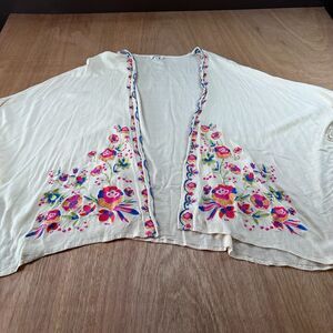 Umgee Embroidered Floral Kimono Cardigan Cream Boho Open Front M/L
